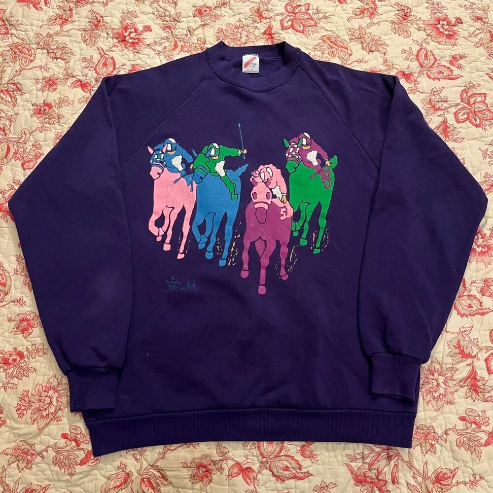 Vintage 90s Jerzees Polo made in USA Dark Purple Colorful Crewneck Sweater!